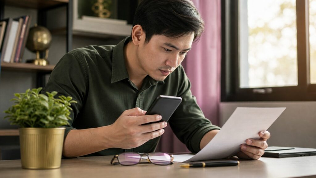 A cautious buyer examines a smartphone screen and a printed contract on a clean desk, while a pair of glasses and a pen rest beside them. Natural window light highlights the careful inspection, with a composed professional atmosphere and understated mauve, forest green, and gold reflections in nearby objects.