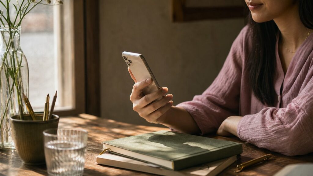 A close-up editorial photograph of a person’s hand holding a smartphone over a wooden desk, the screen turned away so only the phone’s sleek form is visible. Soft window light and calm shadows create a thoughtful mood, while muted pink fabric, olive stationery, and warm golden reflections subtly echo the brand palette.