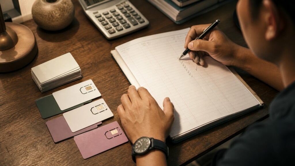 An overhead process photograph of a desk with three small piles: business cards, a calculator, and several SIM package options arranged beside a ledger notebook. A hand marks choices with a pen while warm desk lamp light creates subtle shadows. The scene feels practical and disciplined, with restrained #ba7999, #43544B, and #A98B2D accents in office materials.