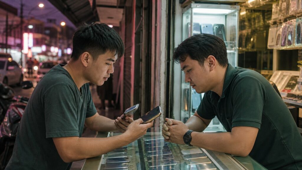 In a modest evening street-side phone shop, a customer compares two smartphones with a calm vendor across the counter, both leaning in thoughtfully. Soft fluorescent light mixes with warm ambient glow, while subdued pink signage reflections, dark green shadows, and golden highlights suggest value, caution, and realistic budgeting.