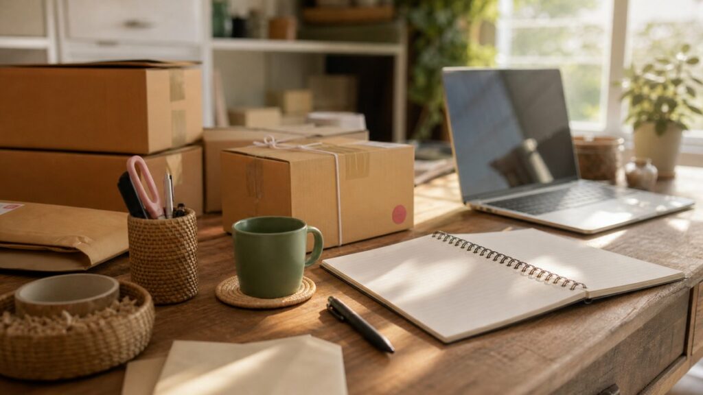 A neatly arranged online shop workspace on a wooden desk, with a printed contact card, shipping boxes, and a notebook open beside a laptop screen glow. Soft morning light falls across the scene, and the phone number card sits as the clear focal point, suggesting trust, routine, and calm confidence.