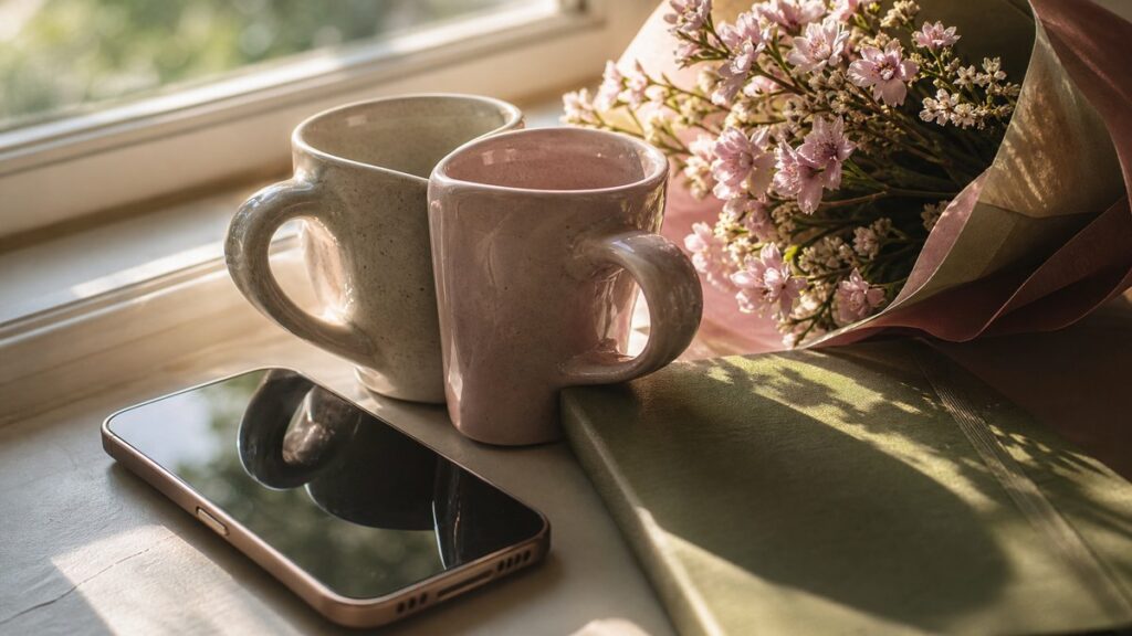 A close still life of a smartphone resting beside two intertwined ceramic mugs on a sunlit windowsill, with a soft pink bouquet and olive-green notebook nearby. Gentle morning light casts warm gold highlights and muted rose shadows, creating a calm, hopeful mood that feels intimate and reassuring.