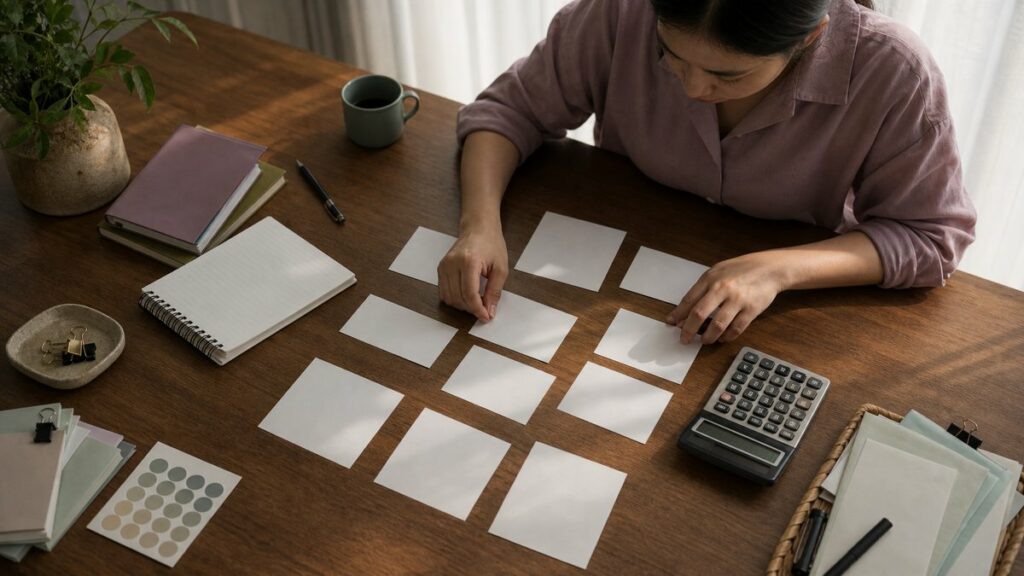 An overhead process shot of a desk with several blank paper slips, a calculator, a simple budget notebook, and a phone keypad reference card without text. Hands sort the items into careful groups under even window light, creating a methodical, restrained scene that feels practical, focused, and financially disciplined.