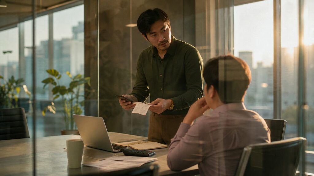 A candid workplace observation in a glass-walled meeting room, where a team leader stands beside a desk comparing a phone receipt, a notepad, and a calculator while glancing toward a colleague. Natural afternoon light, clean reflections, and restrained rose, olive, and gold tones convey careful judgment and professional focus.