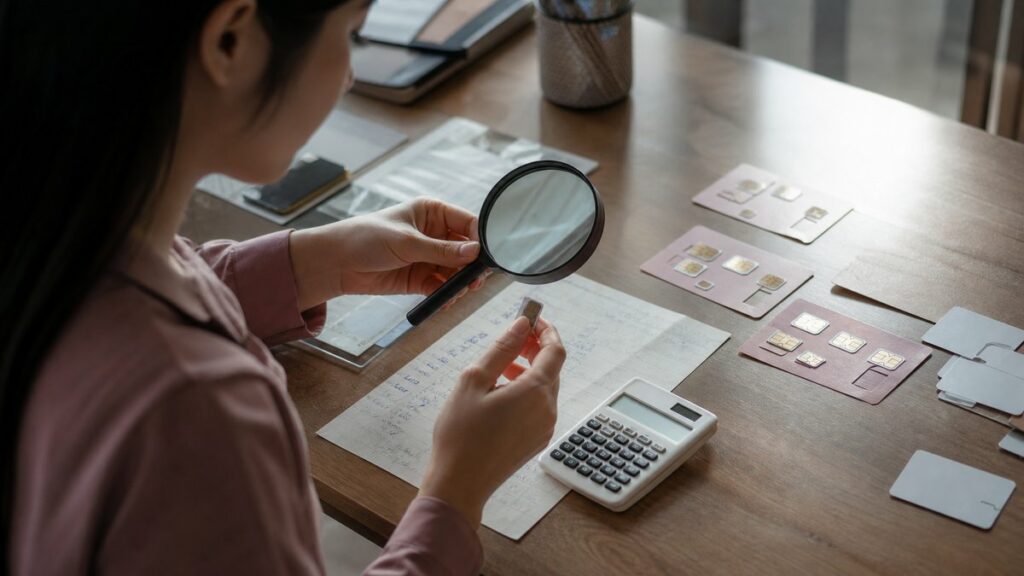 An overhead editorial still life of a desk covered with neatly grouped SIM cards, handwritten budget notes, and a magnifying glass beside a small calculator. Soft window light washes across the scene, with muted #ba7999 paper accents and #43544B shadows, suggesting careful filtering, comparison, and practical decision-making.