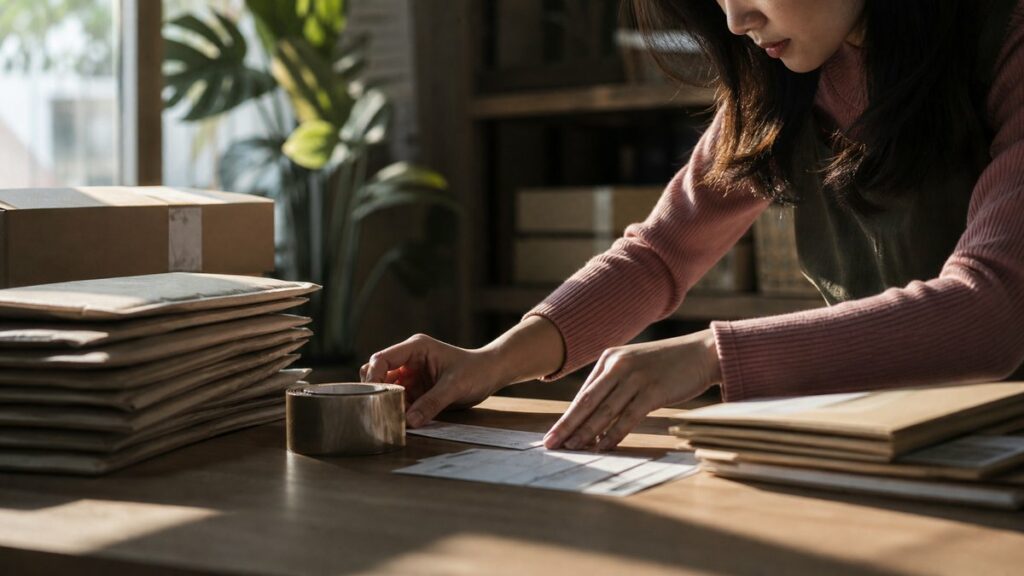A close hand action scene at a packing station, where one hand aligns a contact number slip beside invoices, parcel tape, and neatly stacked mailers. Natural side lighting emphasizes focus and intention, while the muted palette and tidy environment convey a thoughtful business decision grounded in real goals.