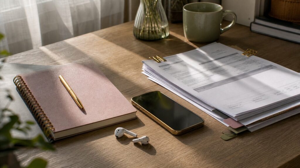 A clean editorial still life on a wooden desk: a neat notebook, wireless earbuds, and a smartphone beside a small stack of printed invoices, with soft morning light crossing the scene. The composition feels organized and purposeful, using muted pink, olive, and gold accents in stationery and reflections, suggesting a freelance workflow built on calm confidence.