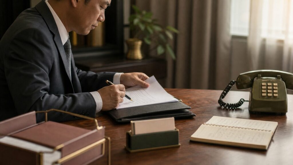 A neatly arranged desk scene with a business card holder, a contract folder, and an old-style landline phone resting beside a notebook of handwritten number sequences. Soft morning light falls across the wood surface, with muted rose and olive tones in the props, creating a calm, professional mood about practical confidence and image.