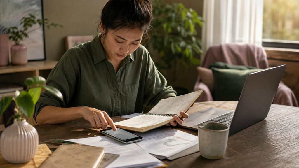 A wide, realistic workspace showing a person’s hands reviewing a notebook, budget papers, and a phone contact list laid out beside a ceramic cup and laptop. Late-afternoon light fills the room softly, with earthy green and dusty pink details in the environment, conveying thoughtful decision-making, balance, and everyday practicality.