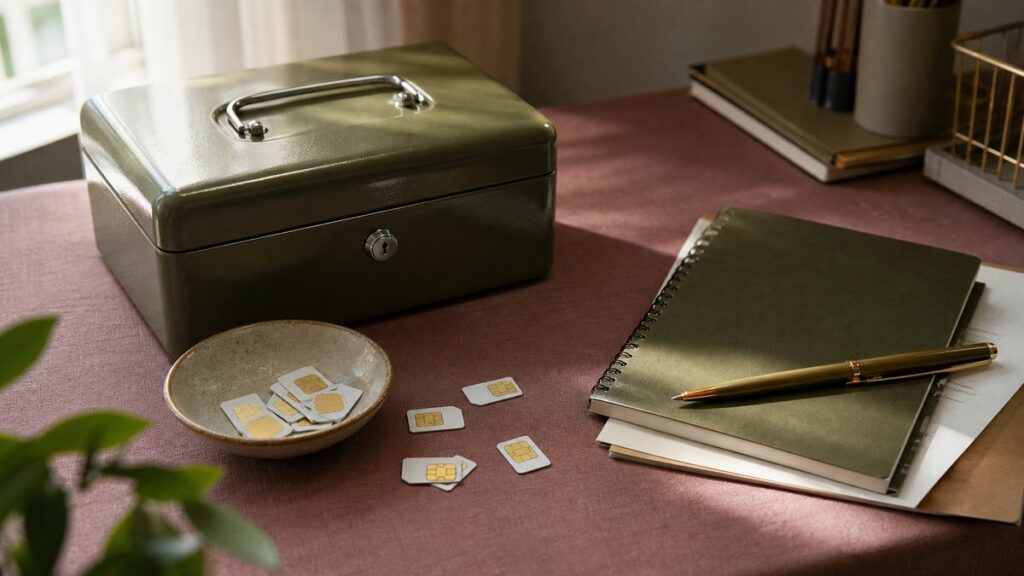 A neatly arranged desk with several SIM cards, a notebook, and a pen beside a small cash box, photographed as an object-led still life. Soft window light falls across muted pink fabric and olive-toned stationery, creating a calm, professional mood that suggests careful business planning and practical choice.