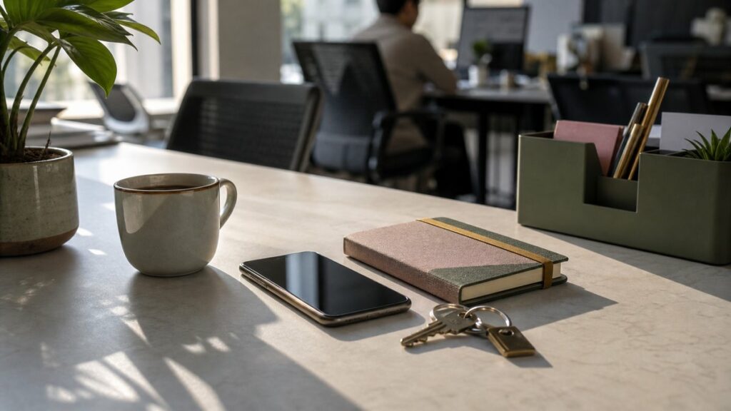 A minimalist desk scene with a phone, a small planner, and a single set of keys placed near a coffee mug in a modern shared office. Neutral morning light creates gentle shadows, while muted pink and olive details appear in the notebook cover and desk organizer. The mood is calm and decisive.