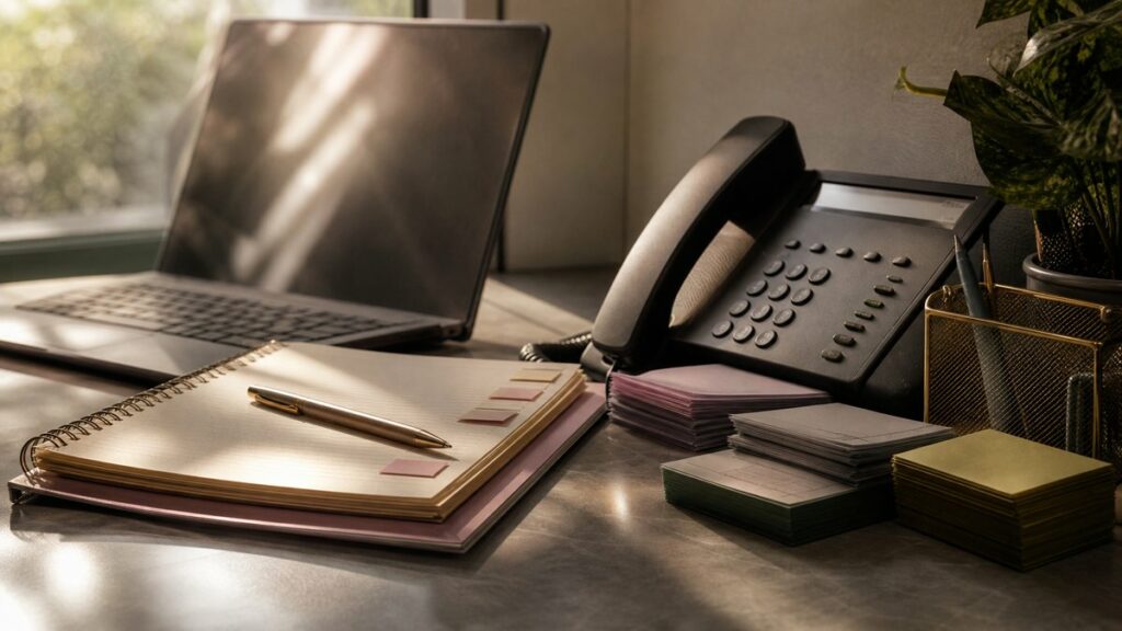 An editorial still life on a tidy coordination desk: a notebook with clipped sticky tabs, a pen, a desk phone, and neatly stacked message slips arranged beside a muted laptop glow. Soft window light falls across the scene, with dusty rose and olive undertones in papers and shadows, creating a calm but pressured work mood.