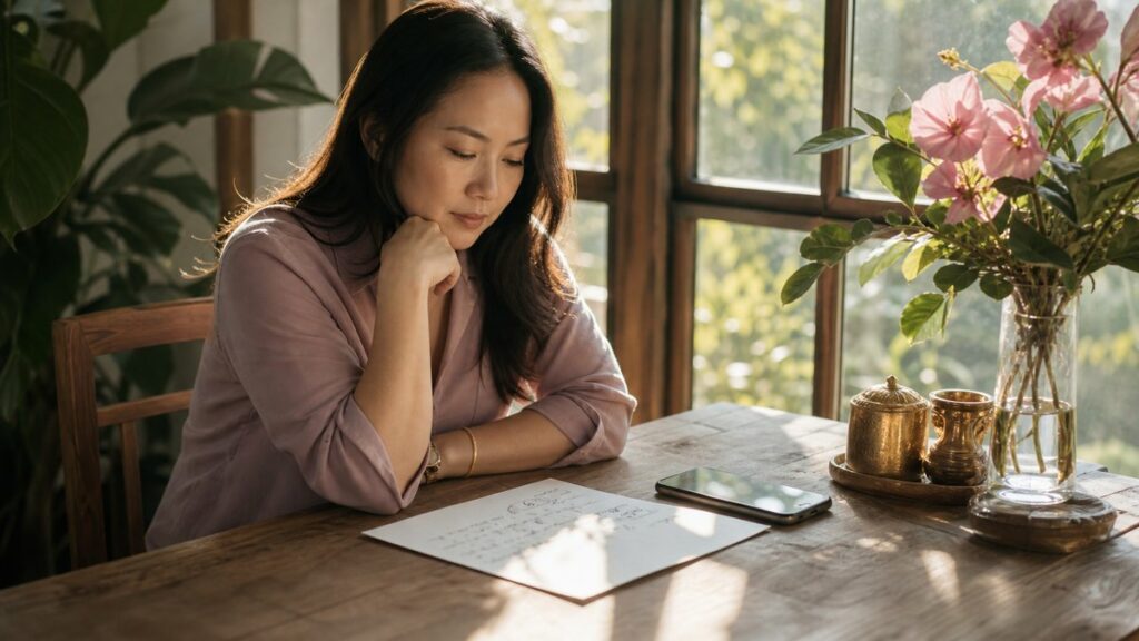 A thoughtful adult sits at a wooden table by a sunlit window, studying a handwritten birth date on paper beside a smartphone. Soft morning light casts gentle shadows, with muted pink flowers, deep green leaves, and warm gold reflections creating a calm, reflective mood about personal destiny and number beliefs.