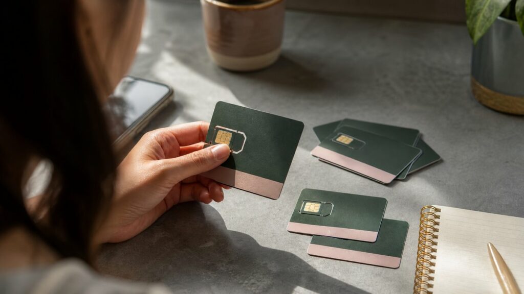 A single-scene editorial photograph of a hand reviewing several SIM-card packages on a neutral desk, with one card held slightly forward as the main subject. Gentle daylight, crisp texture, and a composed arrangement of muted green packaging, soft blush accents, and warm gold highlights create a cautious, evaluative atmosphere.