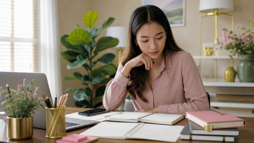 A young professional in a tidy home office reviews notes, a calendar, and a phone on the desk while considering future goals. Natural daylight fills the room, with a balanced composition and subtle pink, olive green, and warm gold accents in nearby stationery and decor, conveying practical, focused decision-making.
