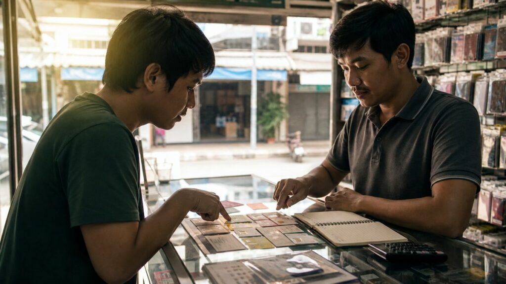 A wide editorial scene inside a modest mobile shop where a customer stands at the counter reviewing options with a clerk, while the focus stays on the phone cards, receipts, and budget notebook spread neatly between them. Daylight from the storefront and a composed, professional atmosphere emphasize practicality, trust, and balanced decision-making.