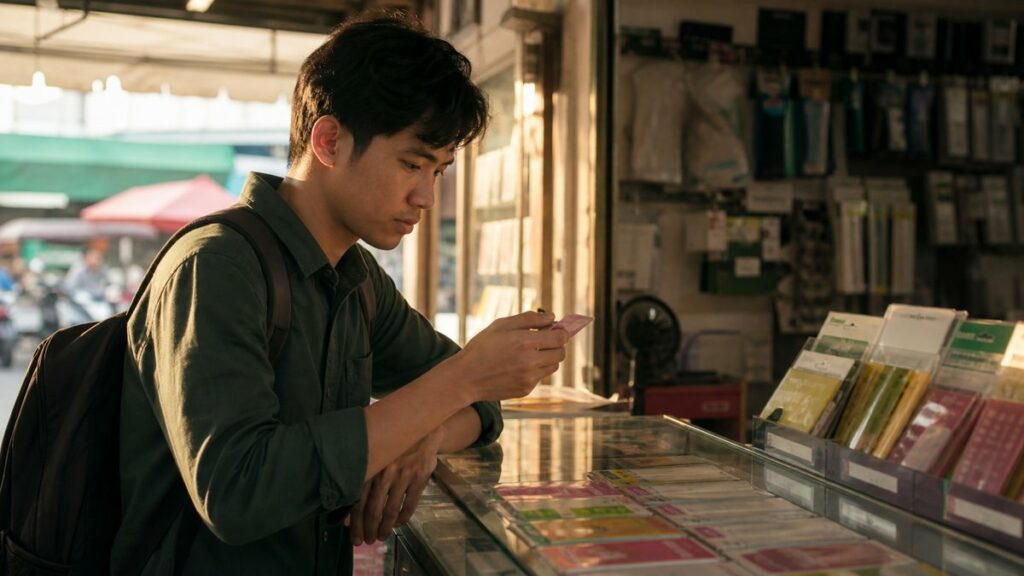 A young professional stands at a small mobile phone shop counter, quietly comparing SIM cards and handwritten price tags under warm afternoon light. Shelves blur behind him as he studies a simple number card in his hand, conveying the pressure of limited choices and the fleeting nature of affordable, desirable options.