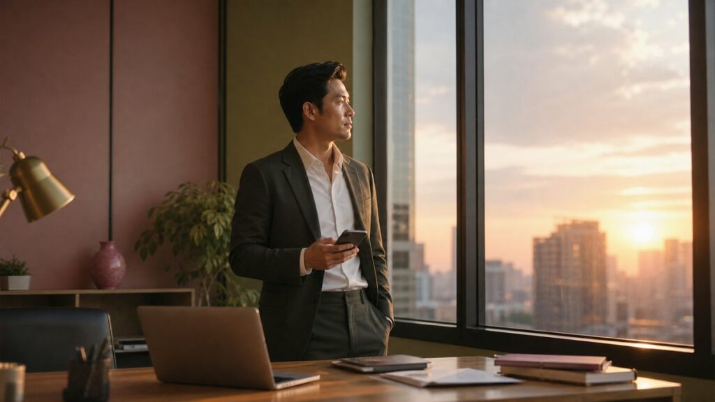 A businessman in a quiet office near sunset holds his phone and gazes thoughtfully out the window, as if weighing a new start. The scene feels focused and personal, with soft shadows, a tidy desk, and subtle rose and olive accents in the background, suggesting intention, direction, and professional clarity.