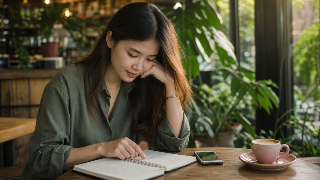 A professional lifestyle photo of a young adult seated at a café table, comparing a notebook of handwritten goals with a smartphone resting beside a cup of coffee. Natural afternoon light streams in from the side, and the focused expression, clean table setting, and soft green and rose tones suggest clarity and personal choice.