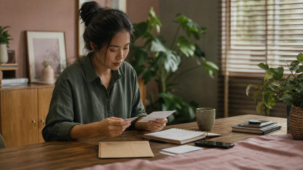 A wide editorial view of a quiet home workspace where a person’s hands sort a few paper cards, a budget envelope, and a phone on a wooden table near a softly lit plant. The room feels practical and reflective, with muted rose, deep green, and warm gold tones in the natural light.