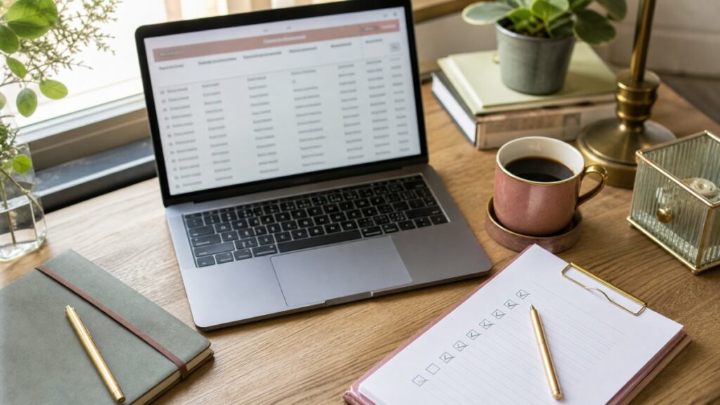 Overhead view of a freelance buyer comparing several phone-number listings on a laptop screen, a paper checklist, and a cup of coffee arranged on a tidy table. Gentle window light creates a practical, focused mood, while subtle rose and olive tones in the desk items and warm brass details hint at careful verification before purchase.