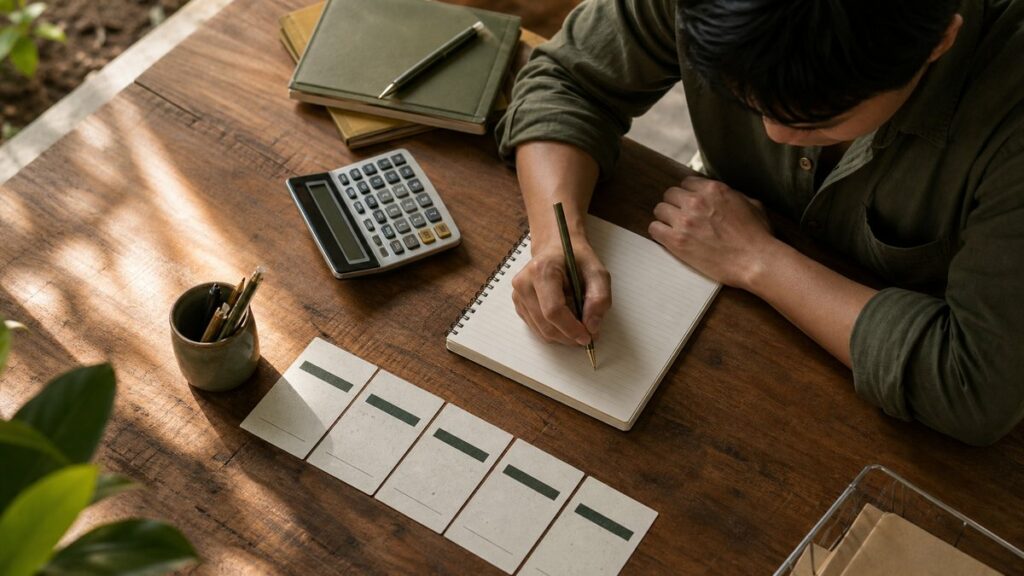 Overhead view of a small business owner’s budgeting workspace: calculator, notebook, pen, and a row of simple phone-number cards spread across a wooden table. Natural window light creates crisp shadows, while restrained olive and gold accents in the stationery convey careful planning, discipline, and practical decision-making.