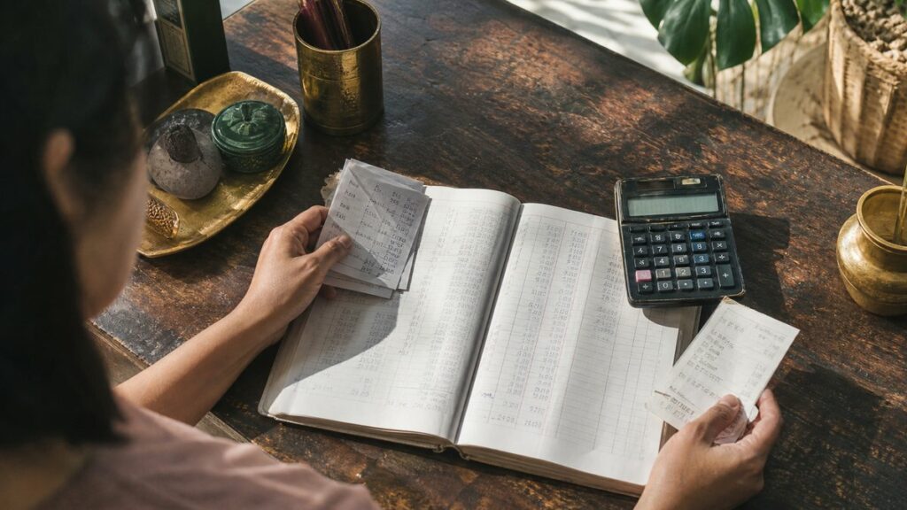 Overhead view of a worktable where a shop owner compares printed phone-number slips, a calculator, and a receipt beside an open ledger. Natural daylight from one side creates crisp shadows over warm gold and deep green accents, conveying a methodical, budget-conscious process before purchase.