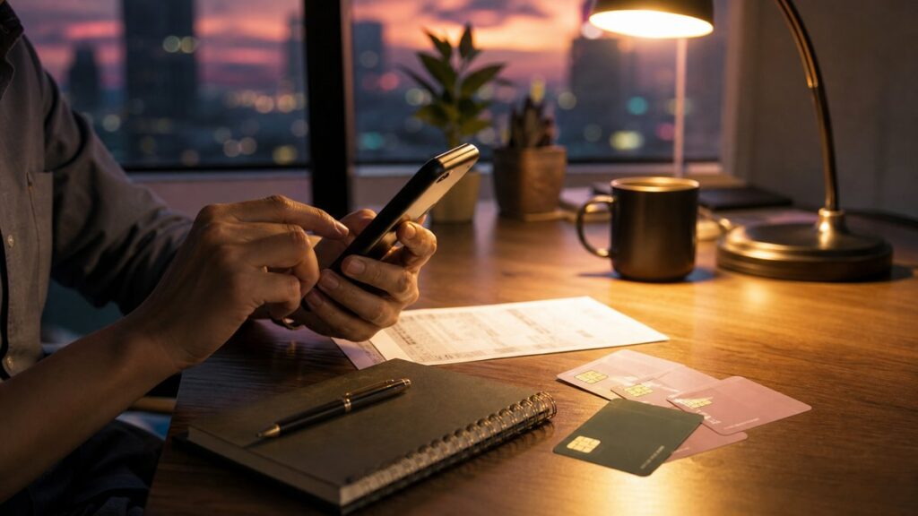 A quiet office desk at dusk with a salary slip, a notebook, and several SIM card sleeves arranged beside a warm desk lamp; the main subject is a hand pausing over a phone as if comparing options. Soft reflections of #ba7999 and #43544B tint the scene, while muted gold highlights add a hopeful, contemplative mood.