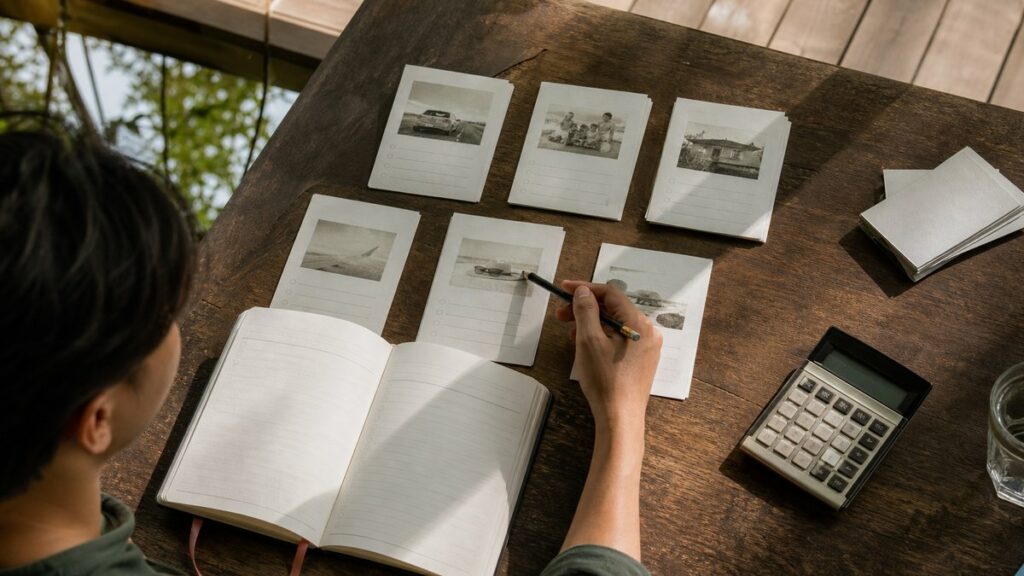 Overhead view of a work table where several paper cards, a calculator, and an open planner are spread in a deliberate decision-making layout. Natural daylight from the side creates clean shadows, while a hand hovers above the options with a pencil, suggesting practical comparison, budgeting, and careful goal-setting.