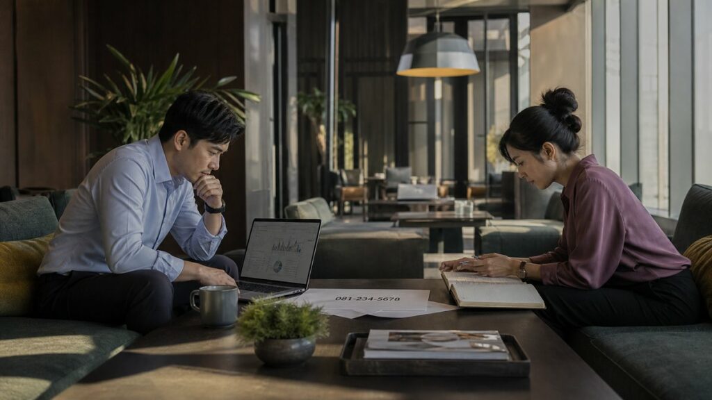 A wide editorial scene in a quiet co-working lounge, where two professionals sit with the same printed phone number sheet in front of them, yet each studies it differently. One leans toward a laptop with charts, the other over a notebook of plans. Natural afternoon light and soft #43544B upholstery create a thoughtful, individualized mood.