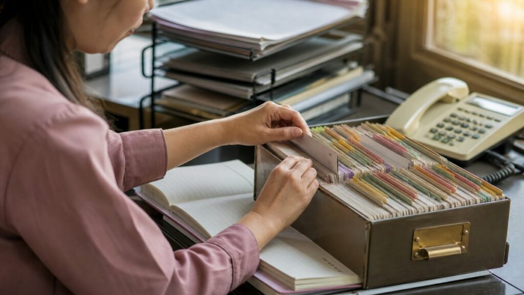 A wide environment shot inside a modest office counter with a file tray, phone records, and number cards organized beside a notebook, showing one clear primary subject: a neatly sorted set of options. Soft afternoon light fills the room, with muted rose, olive, and warm gold details reinforcing a professional, trustworthy atmosphere.