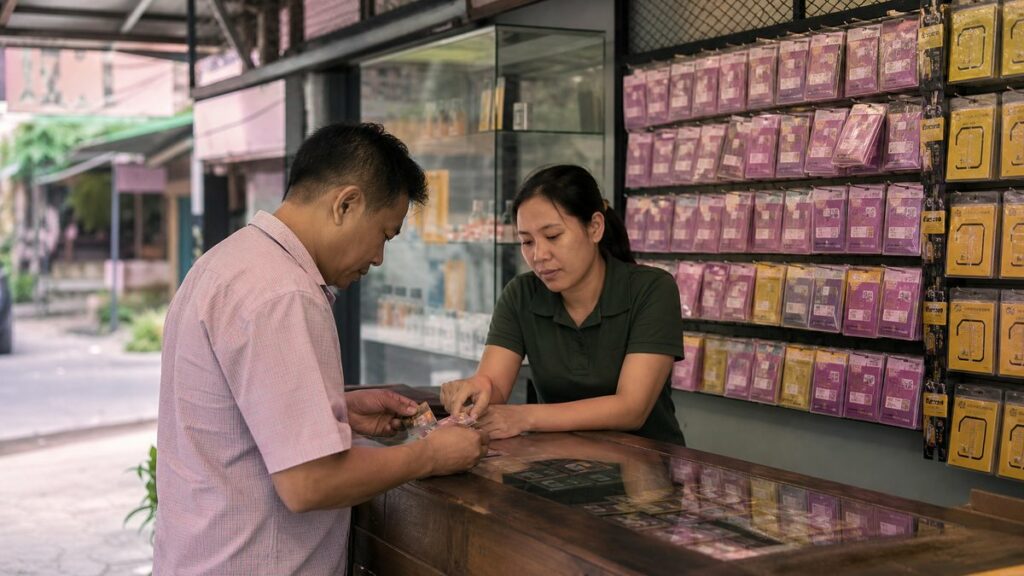 A wide environment shot inside a modest mobile shop with rows of SIM card cases, a modest display shelf, and a customer reviewing options with the vendor across a wooden counter. Natural daylight fills the space, balanced with soft #ba7999 and #A98B2D reflections, conveying practical value and selective choice.