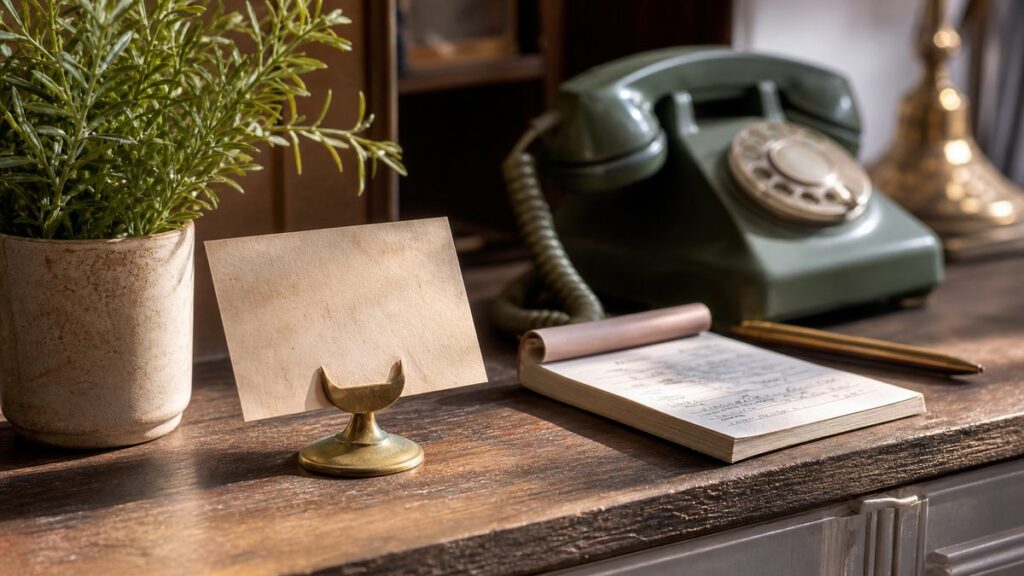 A professional editorial still life of a neatly arranged desk with a handwritten contact card, an old-style desk phone, and a receipt pad beside a small plant. Soft morning light washes across the scene, with muted rose, olive, and warm gold tones suggesting trust, order, and a calm business atmosphere.