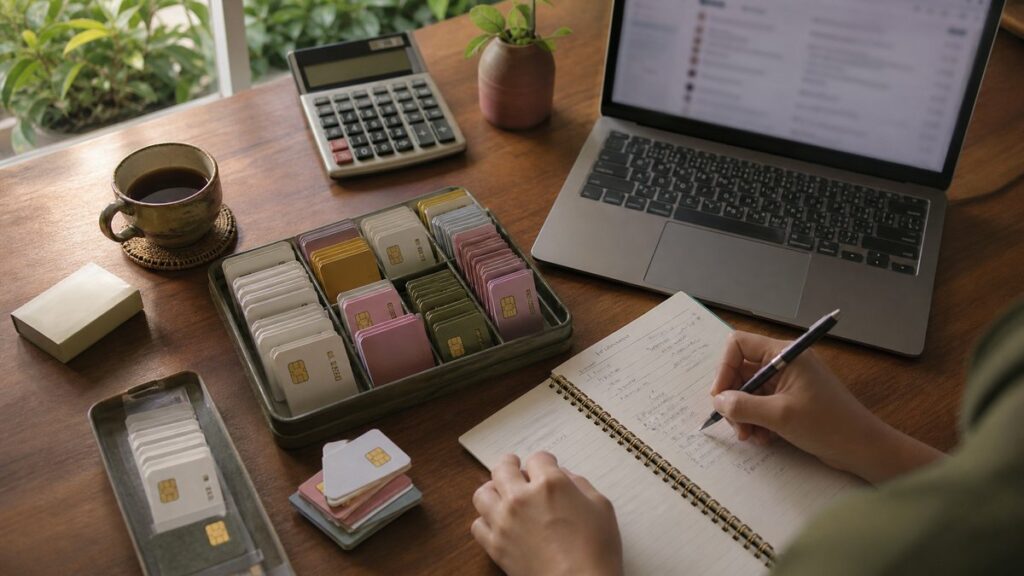 An overhead view of a small business desk with neatly sorted SIM cards, a calculator, handwritten budget notes, and a laptop showing a search results page blurred beyond recognition. Warm light and muted rose, olive, and gold accents create an orderly, practical mood that feels transparent and efficient.