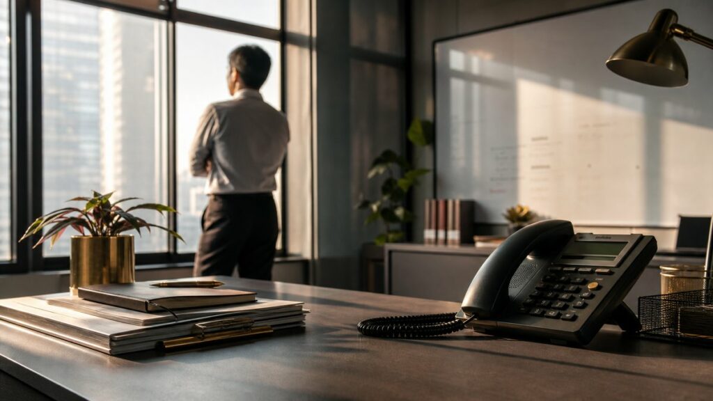 A wide, quiet office environment with a single phone on a clean desk near a whiteboard and neatly stacked files, captured in gentle afternoon light. The room feels focused and strategic, with subtle dusty rose, deep green, and muted gold details in the décor, emphasizing purposeful business growth.