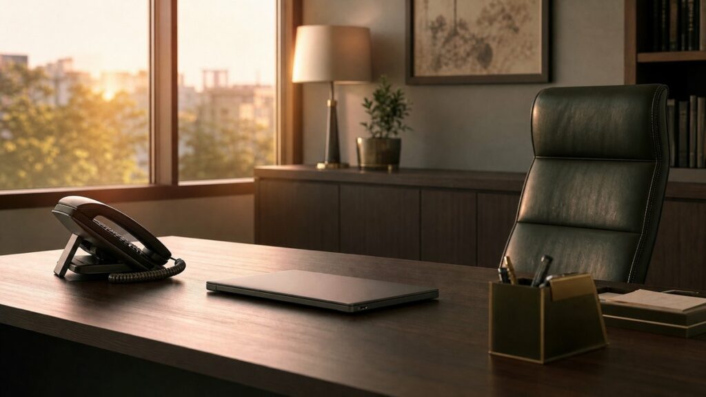 A wide environment photograph inside a quiet office shows a manager’s chair, a tidy desk, and a landline phone placed beside a closed laptop, all arranged in balanced negative space. Late-afternoon light casts subtle rose and olive tones across the room, conveying calm confidence, readiness, and sensible decision-making.