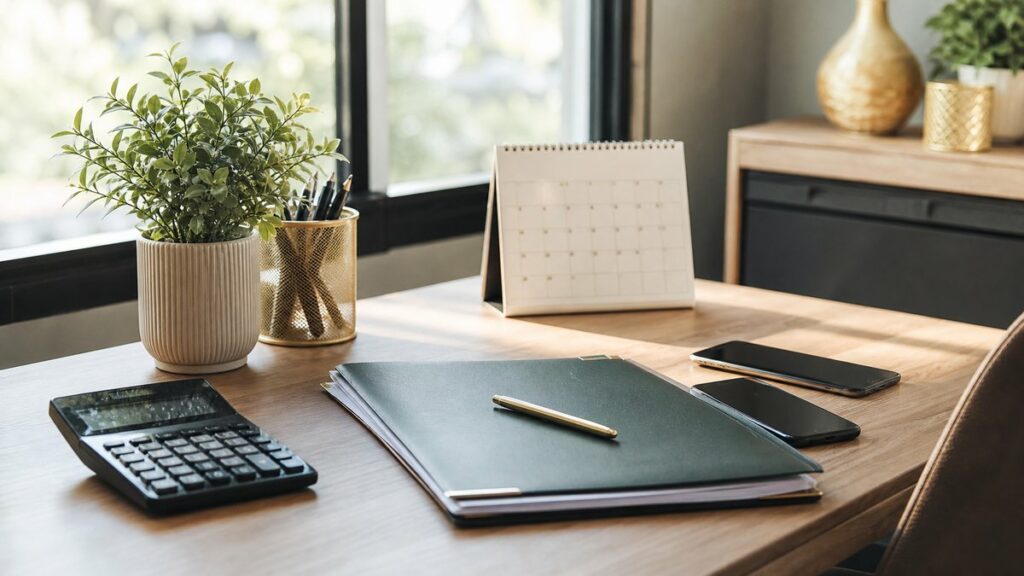 A wide workspace scene showing a freelancer’s desk near a bright window, with a calculator, calendar, contract folder, and two phones placed beside a small plant. Natural daylight washes the room in a professional, balanced mood, with understated gold and muted green elements reinforcing a thoughtful, cost-aware decision-making process.