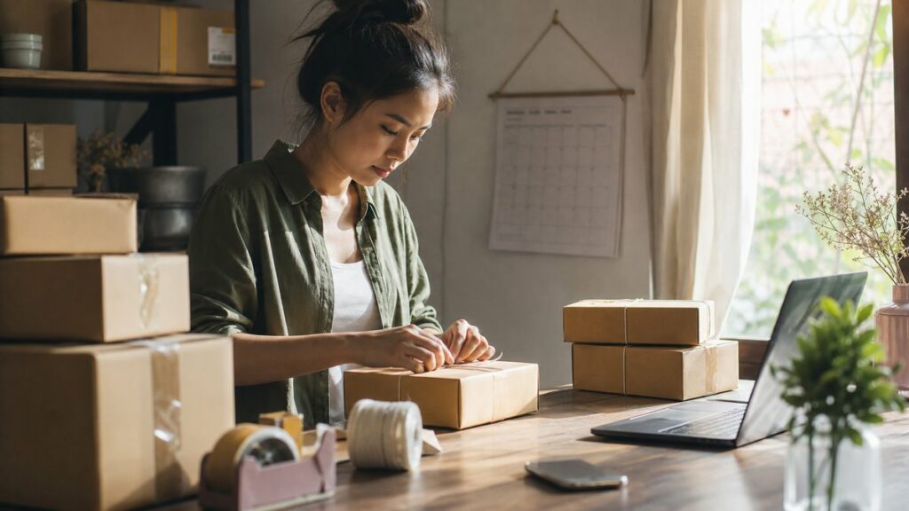 A wide environment shot of a small online-selling workspace with stacked parcels, packaging tape, a hanging calendar, and a phone resting near the edge of the table. Late afternoon light fills the room with soft rose and olive undertones, giving the scene a steady, efficient, and confident atmosphere.