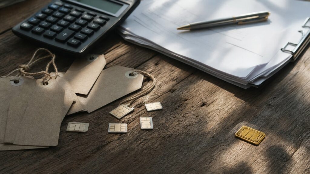 An overhead still life of price tags, a calculator, contract papers, and a set of SIM cards laid out on a worn wooden table, with one expensive-looking card slightly isolated from the rest. Natural window light falls across the objects, creating calm shadows and a restrained palette with subtle #A98B2D accents, suggesting careful judgment over impulse.
