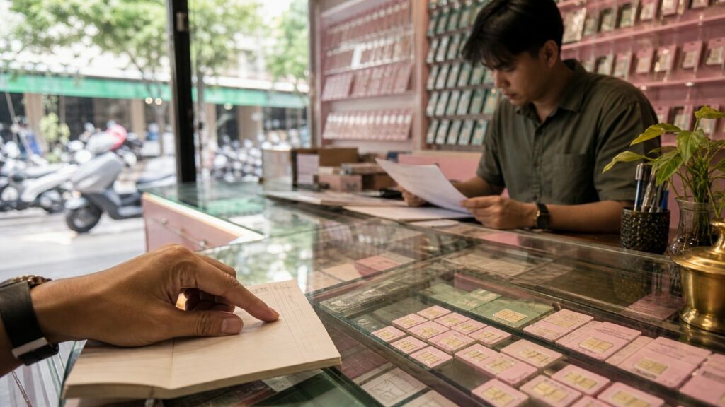 A wide environment shot inside a quiet phone shop with rows of SIM card trays and a seated clerk reviewing options on paper. The primary subject is a hand pointing to a budget note beside the counter, under soft window light and subdued pink, green, and brass accents, creating a practical, trustworthy mood.