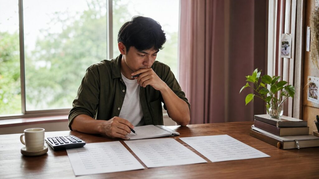 A wide editorial scene of a person reviewing phone number options at a tidy table near a bright window, with a calculator, notebook, and two or three carefully sorted number lists in front of them. The mood is thoughtful and practical, using soft pink-gray and deep olive tones in the room.