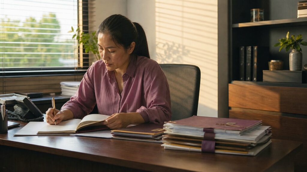 A wide environment shot of a quiet small-business office with a desk, landline phone, planner, and stacked files centered in a calm, uncluttered room. Late-afternoon light spreads across pale walls and dark wood, while muted plum, olive, and gold accents appear in fabrics and stationery, conveying clarity and grounded decision-making.