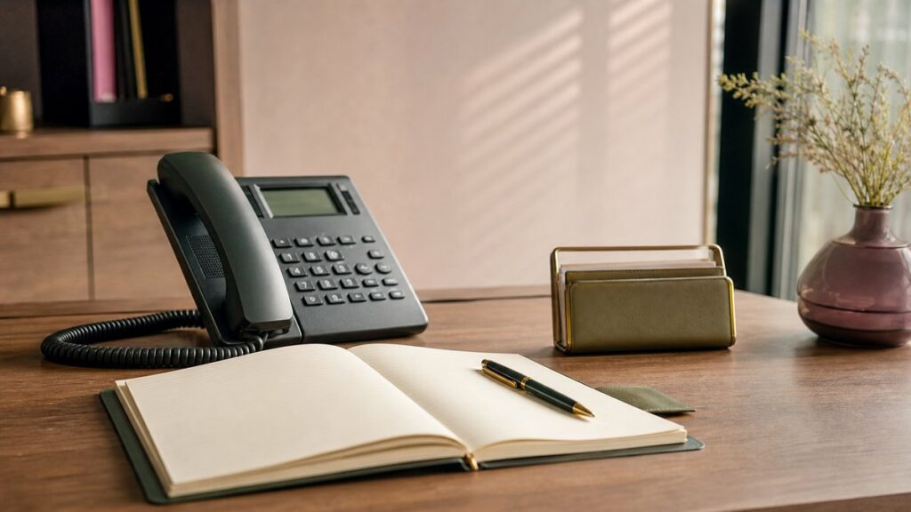 A professional still life on a wooden desk shows a neatly aligned desk phone, an open notebook, and a pen beside a business card holder with no visible text. Soft morning light washes across muted pink, olive, and gold accents, suggesting an organized manager’s workspace and an efficient, low-friction communication mood.
