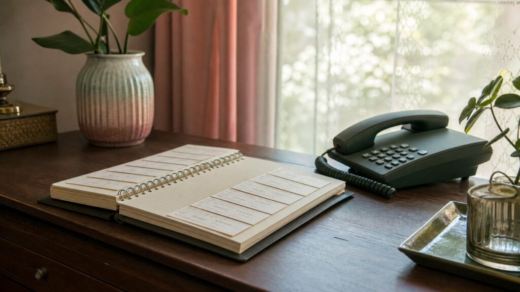 A neatly arranged handwritten notebook of favorite phone numbers beside a minimalist desk phone, the number cards aligned in pleasing patterns. Soft window light washes across the scene, with muted rose and olive tones in the background. The composition feels intentional and calm, suggesting identity, order, and quiet confidence.