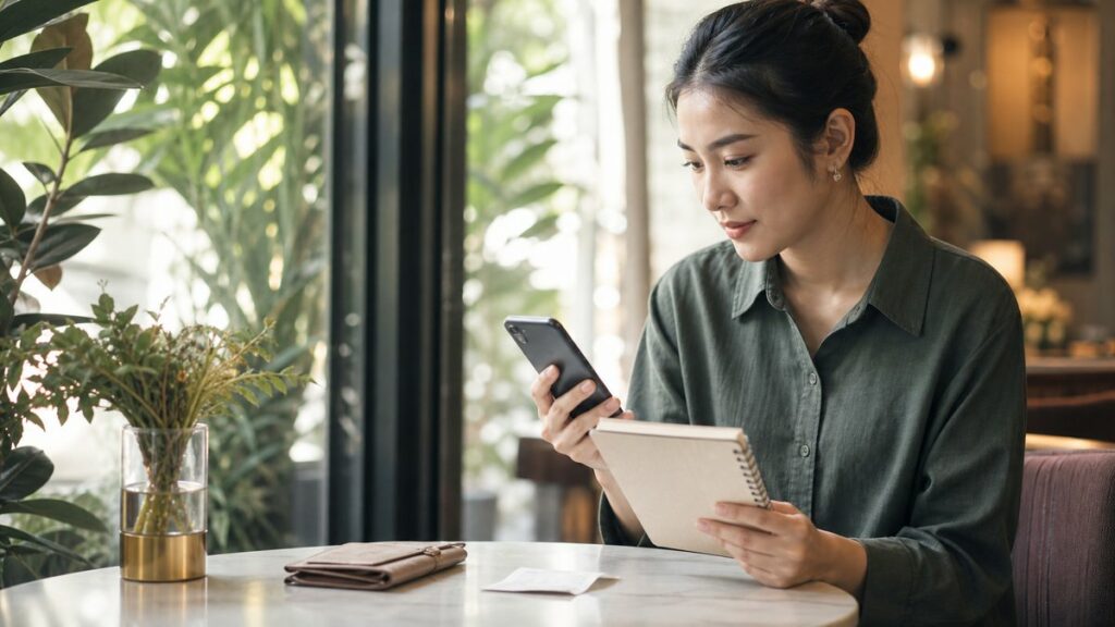 A woman seated by a café window reviews a mobile plan notebook and a phone screen, choosing calmly rather than impulsively. Soft daylight falls across a small table with a wallet and receipt, while muted tones of green and gold from nearby plants create a grounded mood of practical value and confidence.
