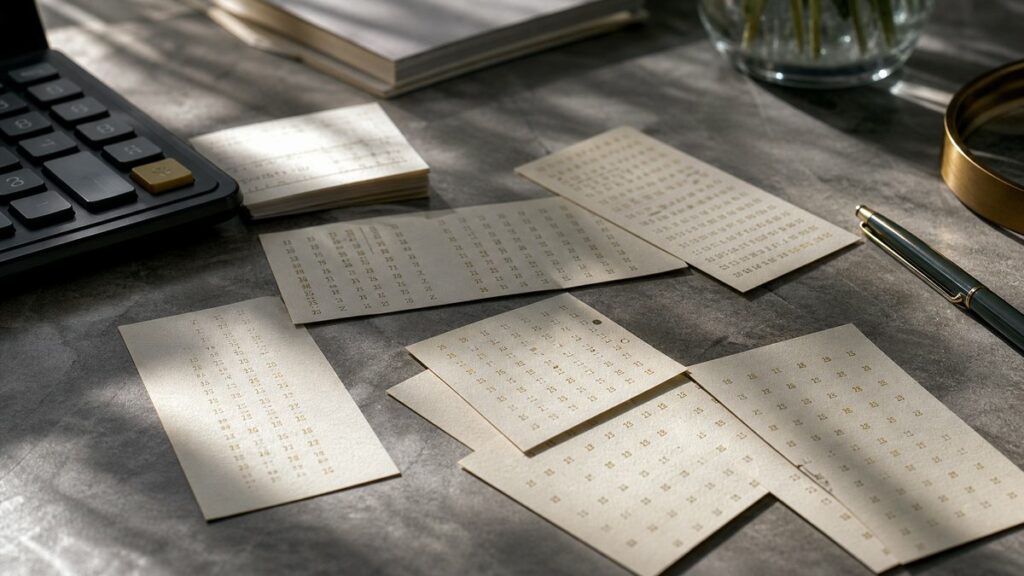 An overhead editorial photograph of several paper cards printed with different number patterns scattered on a desk, some aligned neatly and others intentionally awkward beside a calculator and pen. Natural window light reveals subtle shadows and a restrained gold accent, emphasizing the contrast between attractive appearance and real usability.