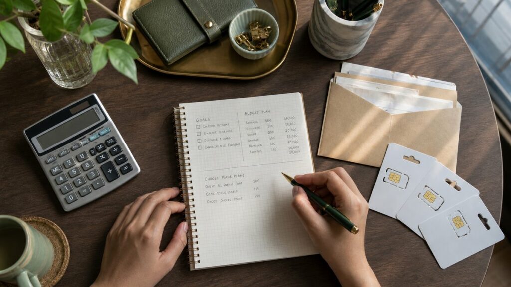Overhead view of a desk with a calculator, handwritten goal notes, a budget envelope, and several SIM card packs arranged in a measured workflow. Soft daylight from the side keeps the composition clean and analytical. Subtle gold and green tones in the desk accessories create a composed, methodical mood.