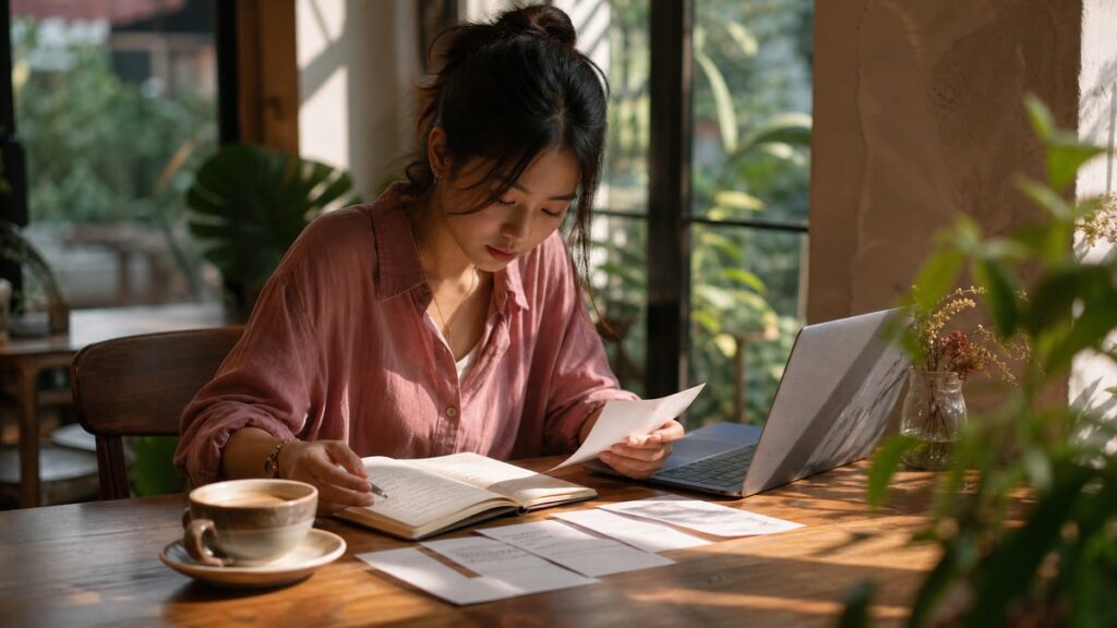 A young freelance designer leans over a café table, comparing a notebook of life goals with several phone number printouts. Warm morning light falls across a laptop, coffee cup, and plant shadows. The scene feels focused and practical, with subtle dusty rose, deep green, and amber accents in the environment.