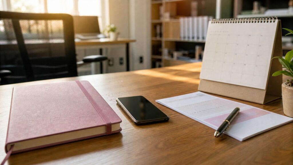 A young office notebook, a neat phone bill, and a pen laid beside a desk calendar in a quiet startup workspace. Warm window light falls across the objects, with muted rose and olive accents in the stationery. The scene feels thoughtful and practical, emphasizing early-career credibility.