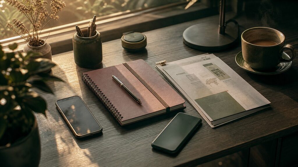 An overhead still life of a team leader’s desk at dawn: a neatly arranged notebook, two phones, briefing papers, and a steaming cup beside a muted office lamp. Soft natural light washes the scene in dusty rose, olive, and warm gold tones, suggesting calm authority, balance, and organized communication.